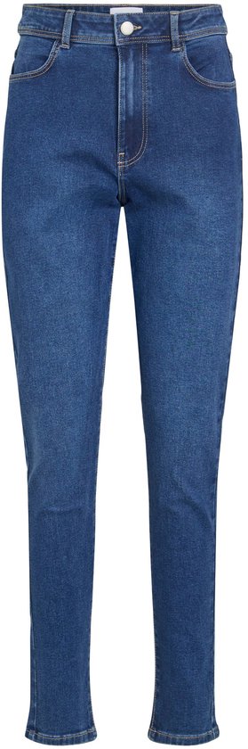 Blauwe skinny jeans met hoge taille, knoopsluiting en klassieke zakken aan de voorzijde.