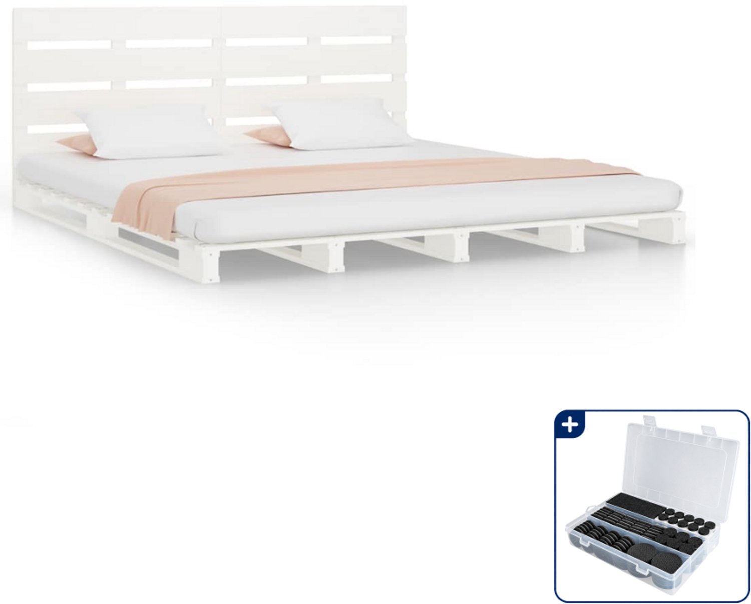 vidaXL bedframe Kingsize - 180 x 200 cm - massief grenenhout - wit - Inclusief antikrasvilt 177-delig Blauw