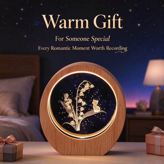 Namajunas - kristal 3D gegraveerde nachtlampje met houten ronde lijst - zacht warm LED licht - gegraveerd met lelietjes-van-dalen en een kat - USB voeding - romantisch tafelornament, cadeau voor verjaardag, sfeerverlichting voor slaapkamer van Namajunas — afbeelding 4