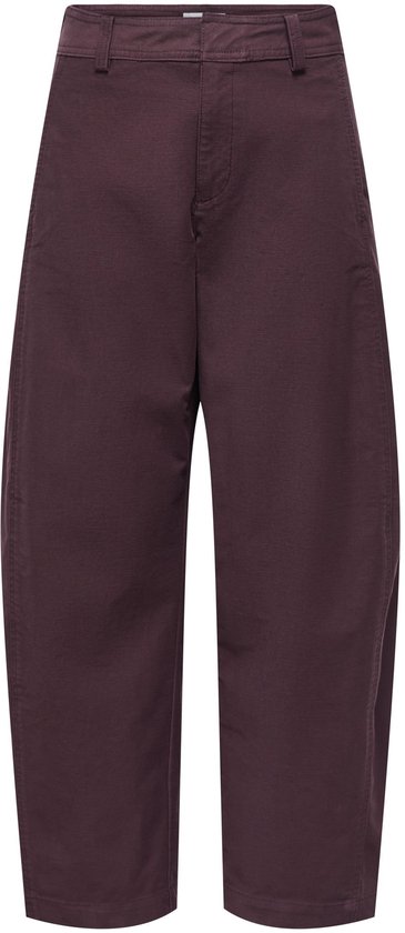 Donkerpaarse barrel-fit broek met een hoge taille, rits- en knoopsluiting en riemlussen.
