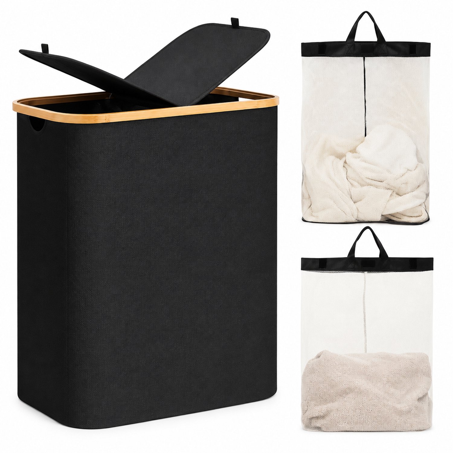 Zwarte opvouwbare stoffen wasmand 57 x 37 x 70 cm met tweedelig deksel voor slaapkamer, badkamer en wasruimte
