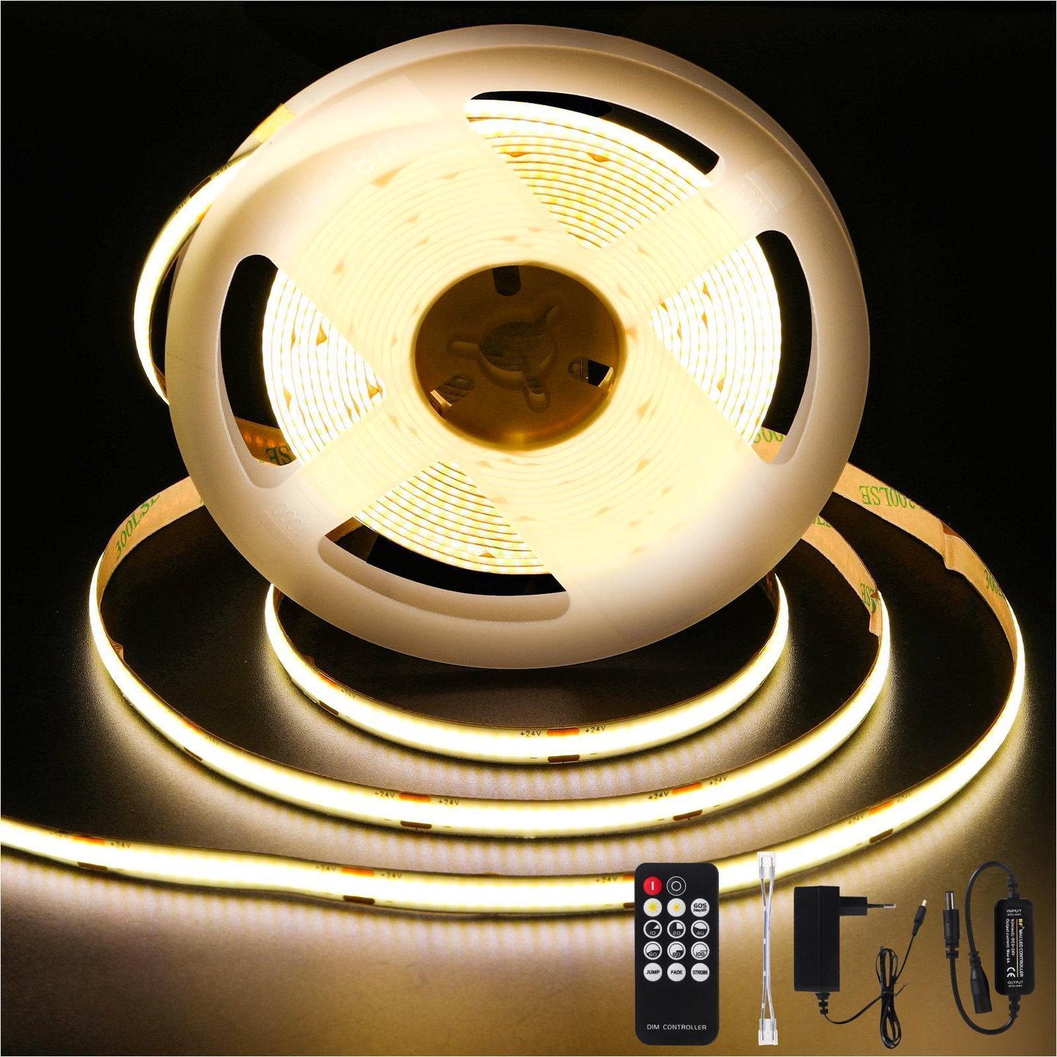 ANTENLICHT Dimbare COB LED Strip 3M - 4000K Neutraal Wit - 24V Transformatieset - Dimbare met RF Afstandsbediening -Zelfklevende 3M Plakstrip - Inkortbaar & Veilig voor Keuken & Kastverlichting
