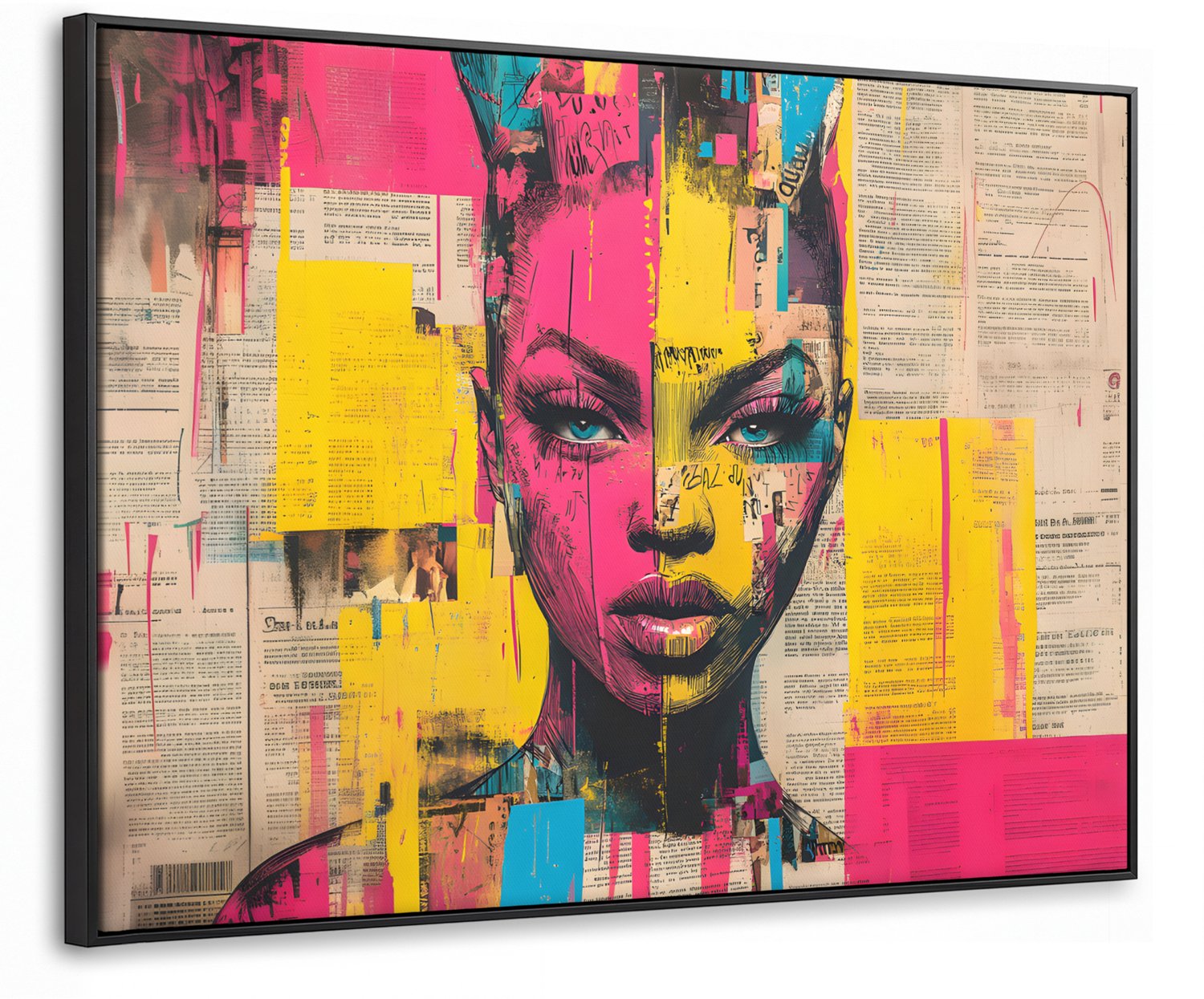 Canvas Schilderij met Baklijst 80x60cm - Vrouwengezicht - Krantenpapier - Abstract - Roze - Muurdecoratie woonkamer - Slaapkamer decoratie - Kamer accessoires - Schilderijen op canvas met lijst