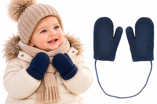 Kind draagt beige jas en muts met marineblauwe wanten met koord, geïsoleerd getoond op witte achtergrond.