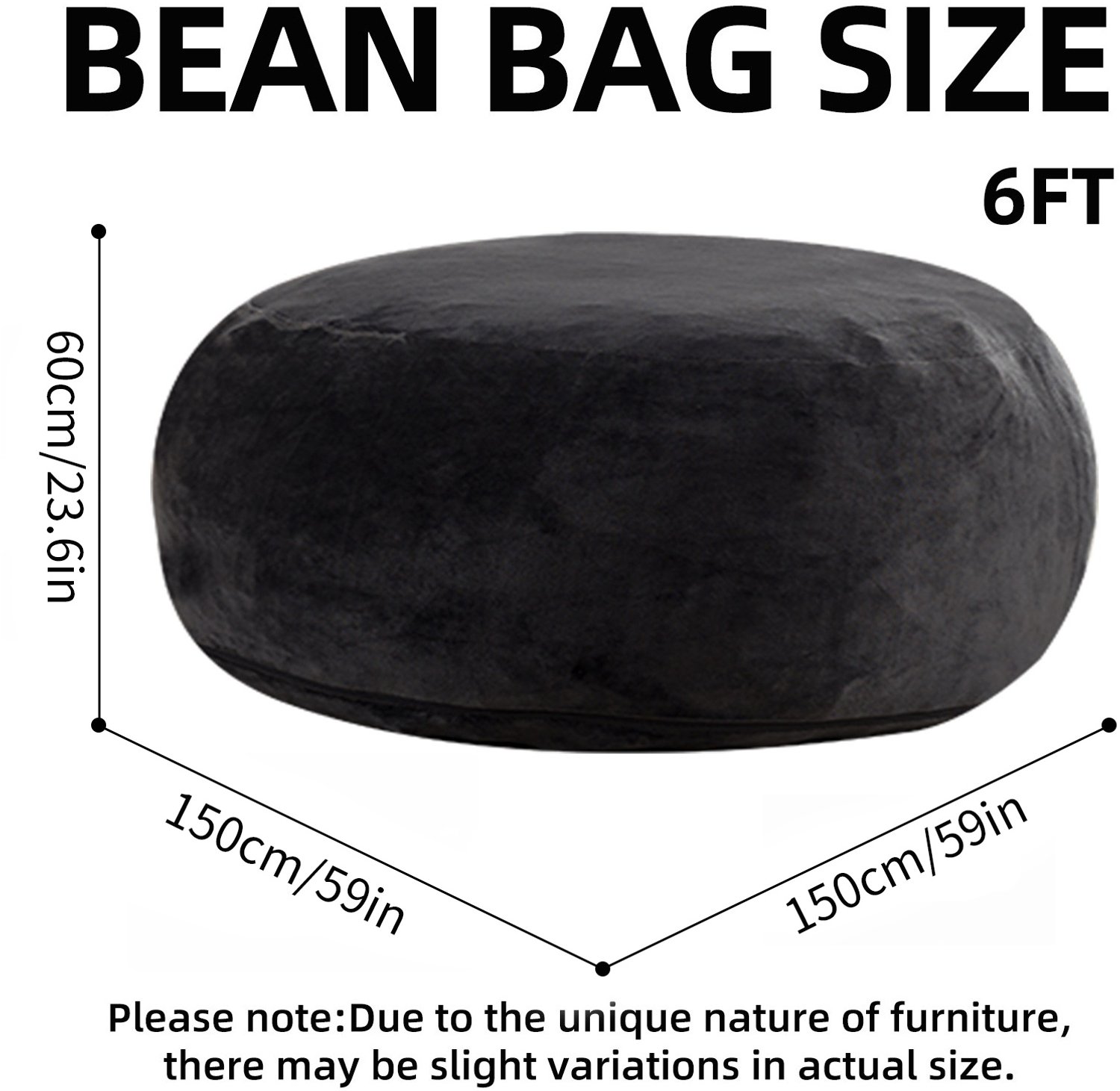 MODENUIT Zitzak 150 x 150 x 60 cm - Rond met Traagschuimvulling - Voor Woonkamer - Velboa - Zwart