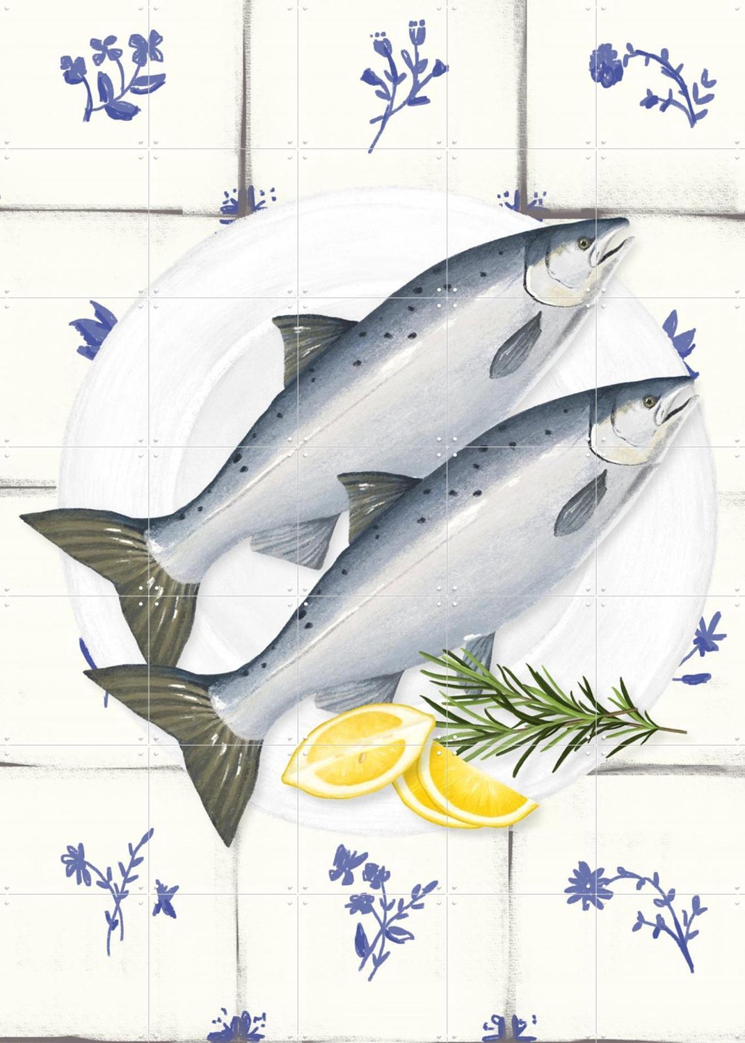 IXXI The Fish Dish, Marja van den Hurk - 100 x 140 cm - Grote wanddecoratie en posters - Tekeningen, Eetkamer, Keuken, Vissen, Zeevruchten Blauw
