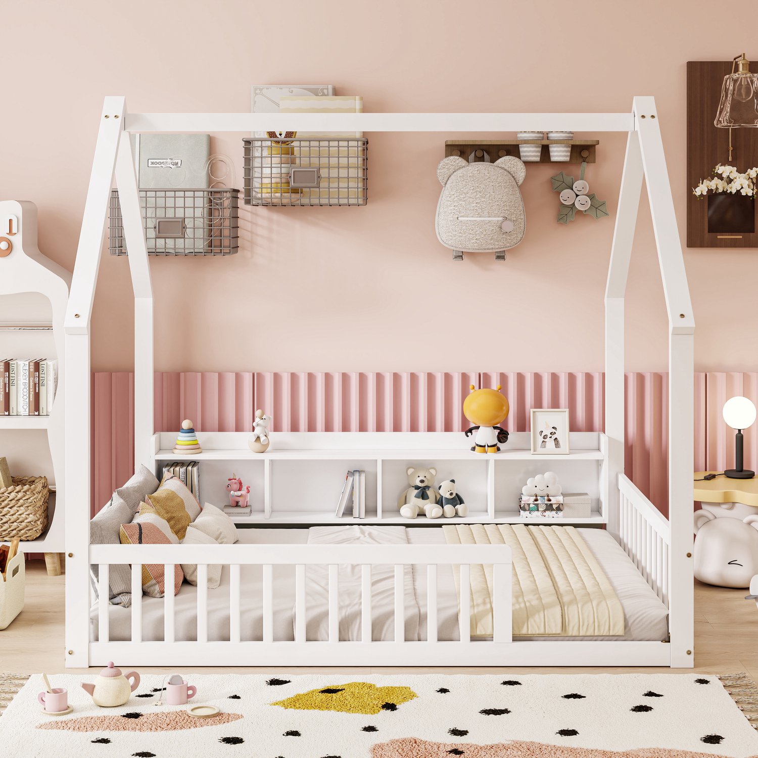 Wishdor Kinderbed 140x200 cm - Huisvormig vloerbed met dakframe - Vier opbergvakken en uitvalbeveiliging - Brede instap - Voor de kinderkamer - Grenenhout en MDF - Wit