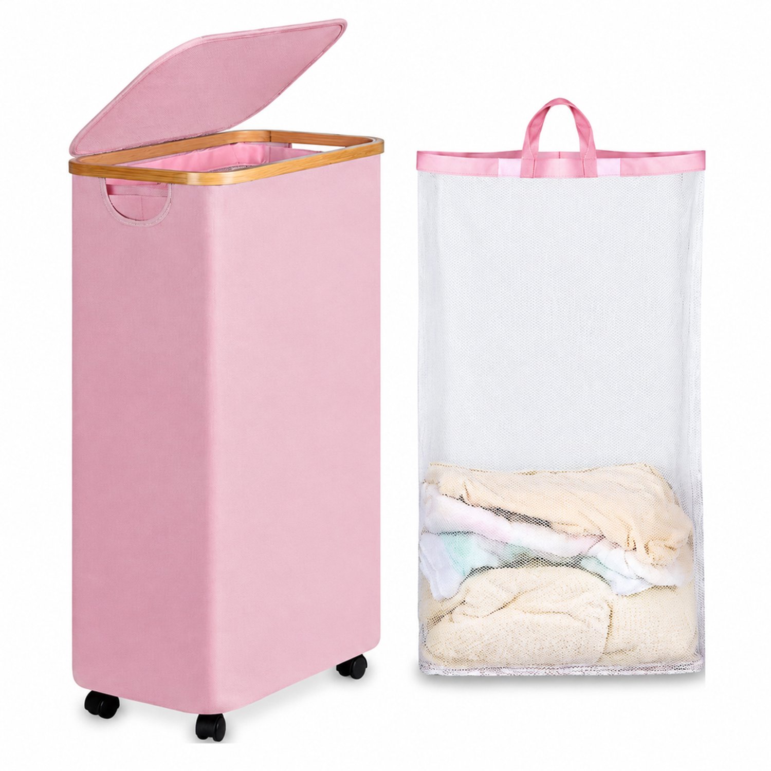 Roze wasmand op wielen met deksel - Opvouwbaar, Oxford-stof met bamboe rand en netwaszak met handvatten