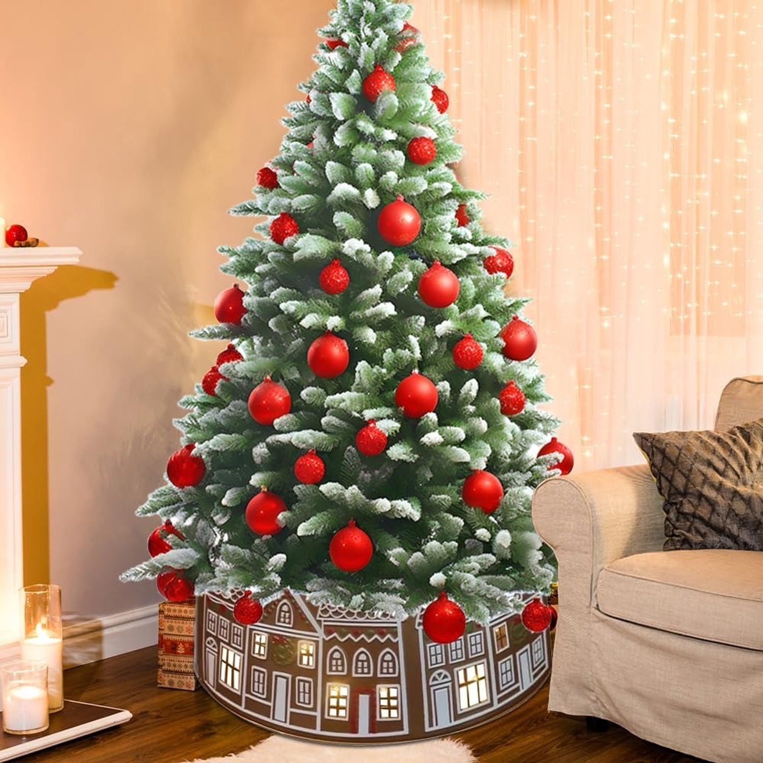 Kerstboomkraag met peperkoekhuis-design - LED-verlichting - 26 inch (ca. 66 cm) - Verlichte kerstboomrok - Afdekking voor kerstboomvoet - Decoratie voor smalle kerstboom - LED-bodemafdekking voor kerstboom – foto 8