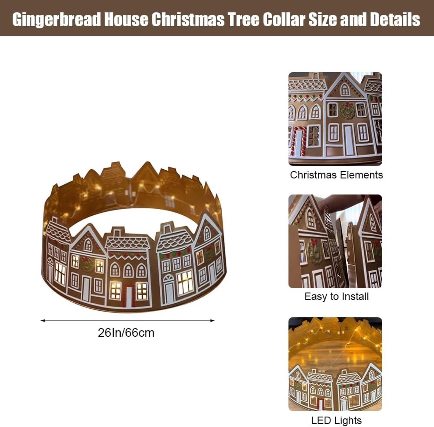 Kerstboomkraag met peperkoekhuis-design - LED-verlichting - 26 inch (ca. 66 cm) - Verlichte kerstboomrok - Afdekking voor kerstboomvoet - Decoratie voor smalle kerstboom - LED-bodemafdekking voor kerstboom – foto 2