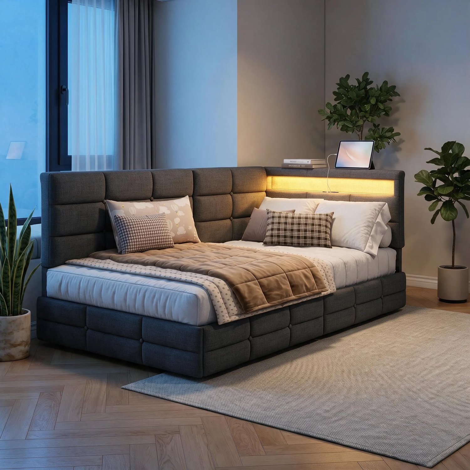 MEXUS Gestoffeerd bed 90x200 cm met LED en USB, eenpersoonsbed met opbergruimte en lattenbodem,2 laden,slaapbank met rugleuning voor jongerenbed, linnen grijs, zonder matras