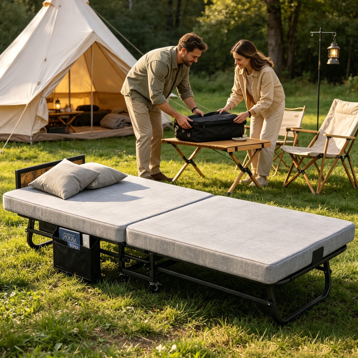 VVBV Opklapbed / Vouwbed / Logeerbed 80x190 – Stopcontact, Opbergruimte, USB, Inklapbaar, Remmen, Hoofdbord, 4 Wielen – Metaal & Hout – Grijs
