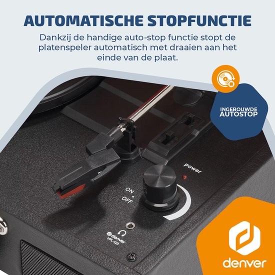 Detail van de Denver platenspeler met toonarm en volumeknop met 'automatische stopfunctie' label.