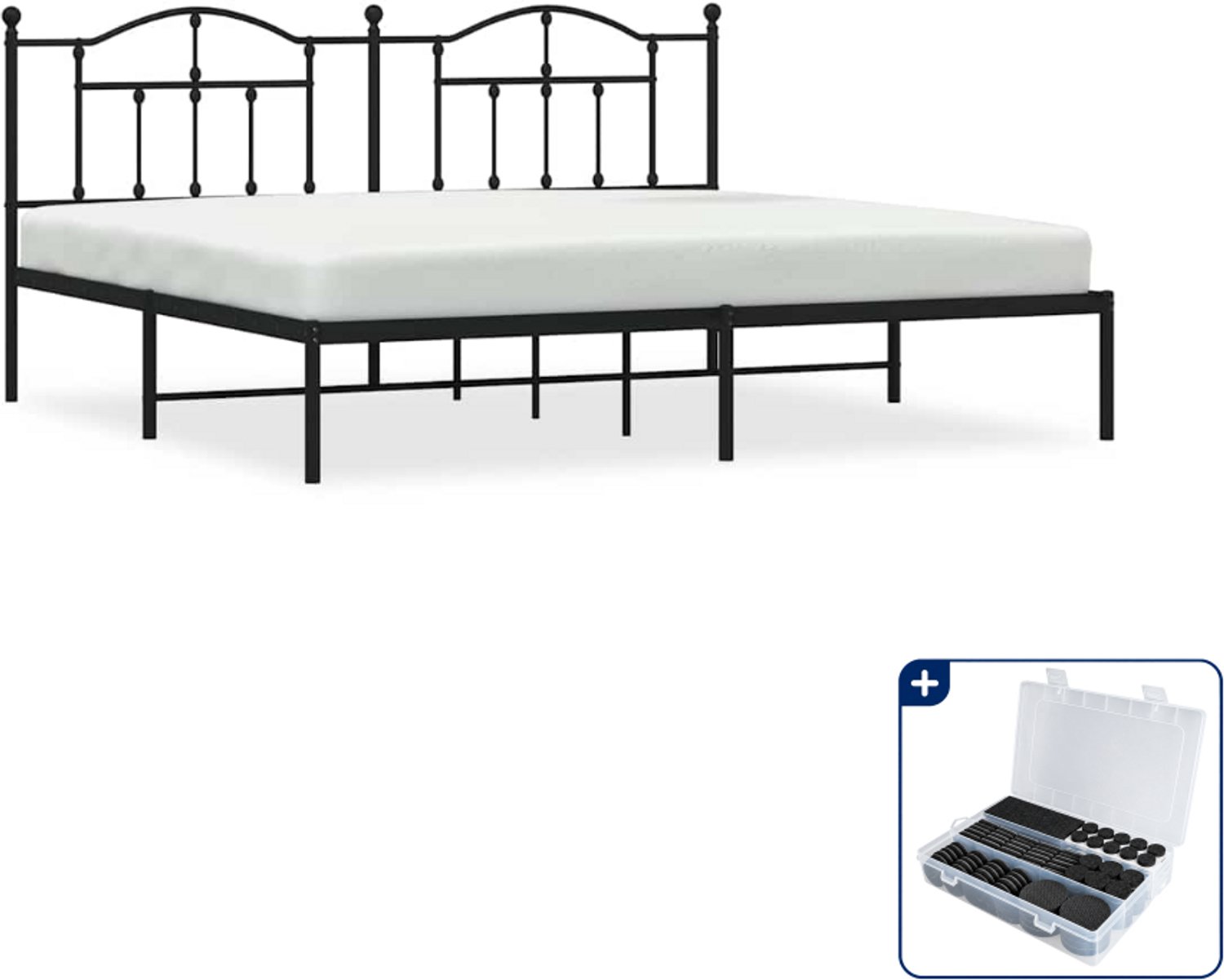 vidaXL bedframe met hoofdbord - 193 x 203 cm - staal - zwart - Inclusief antikrasvilt 177-delig