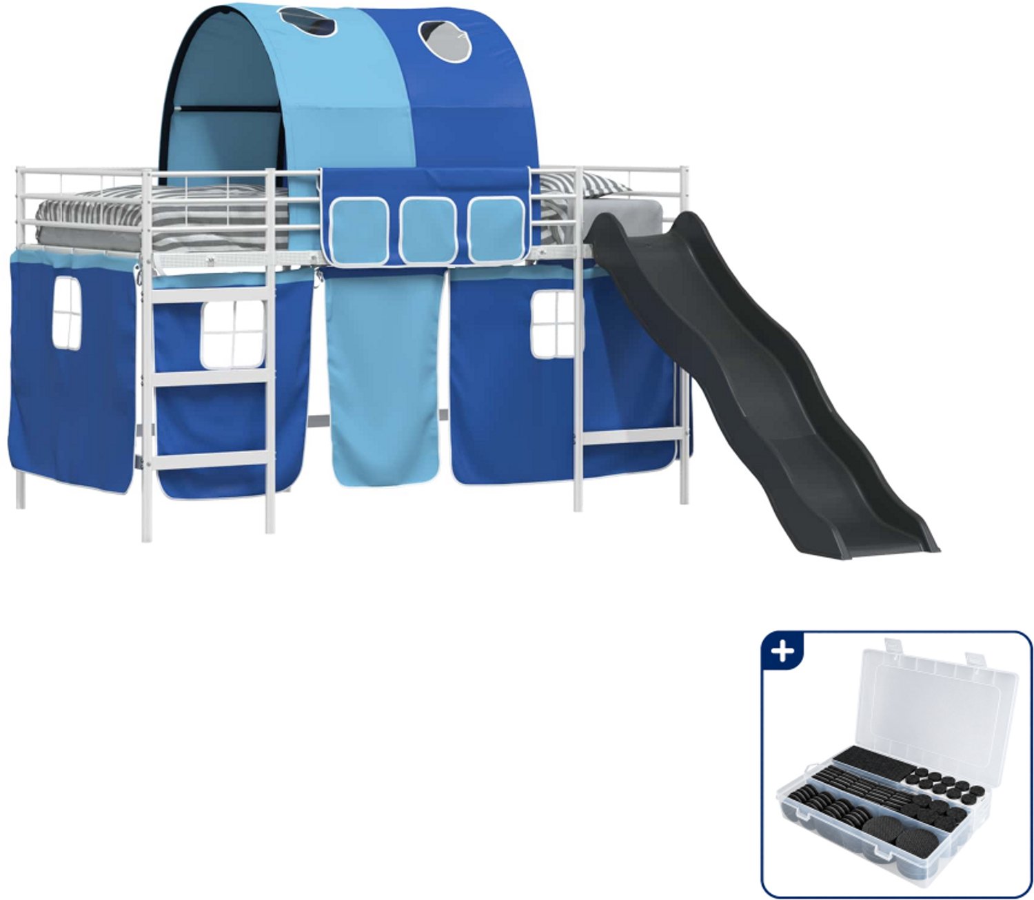 vidaXL kinderstapelbed met glijbaan - 90 x 200 cm - metaal - wit/blauw - Inclusief antikrasvilt 177-delig