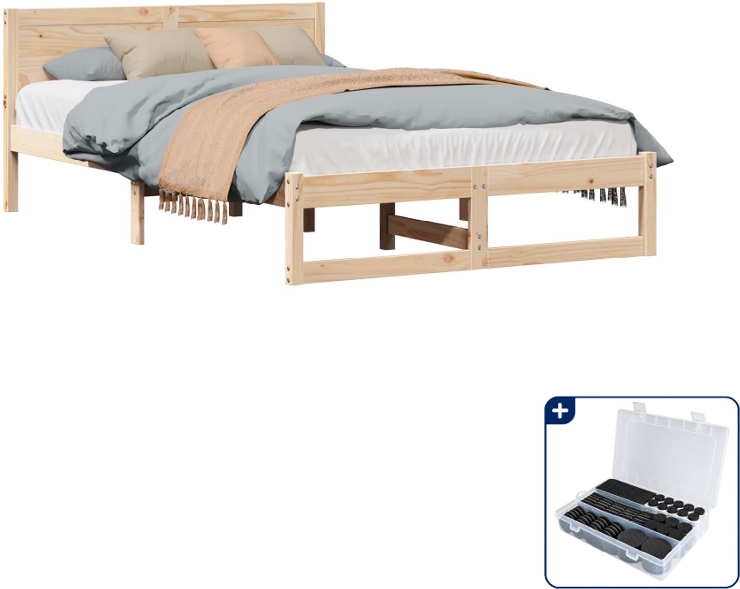vidaXL bedframe met hoofdeinde - 120 x 200 cm - massief grenen - naturel - Inclusief antikrasvilt 177-delig Bruin