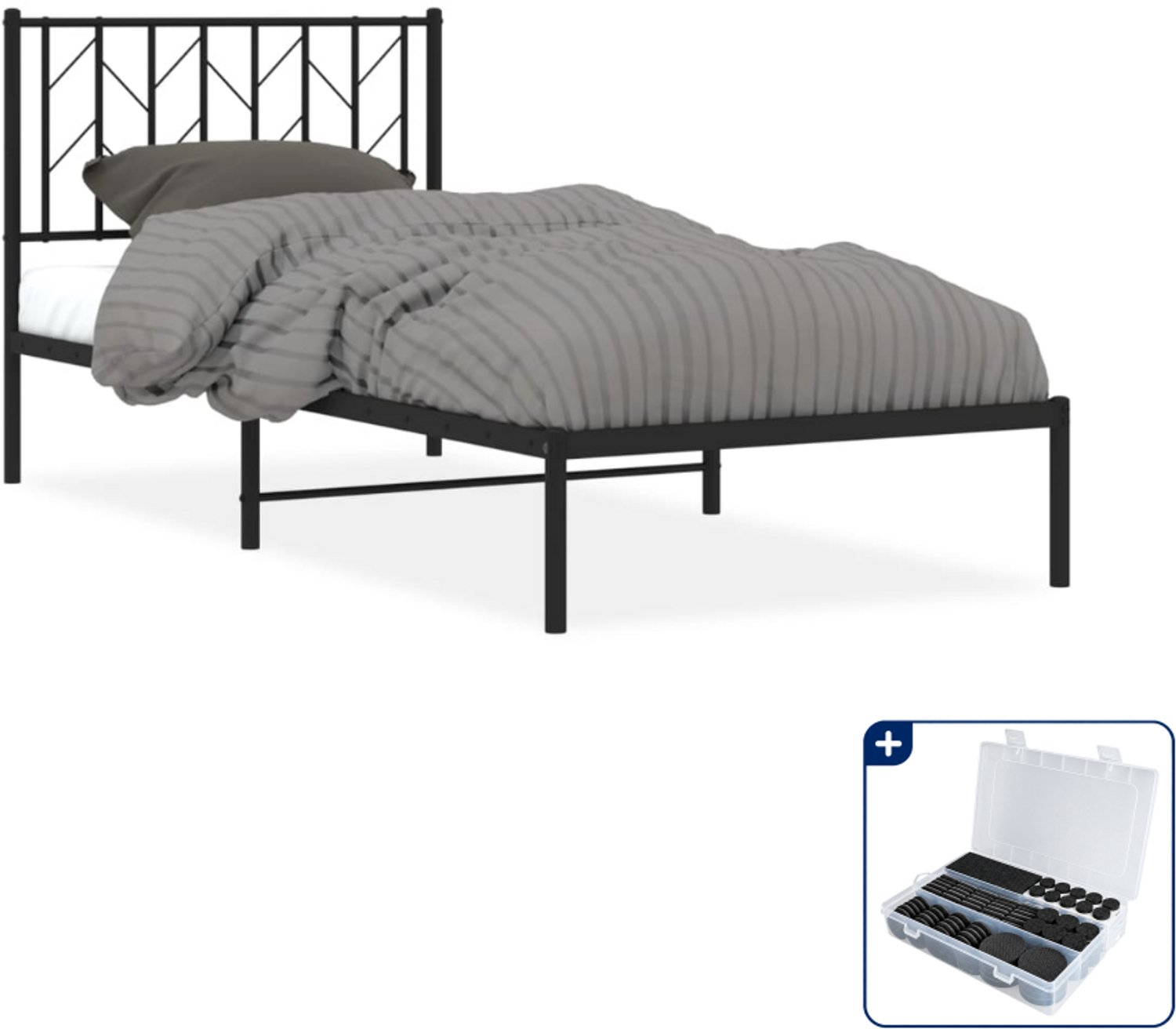 vidaXL bedframe - 90 x 190 cm - metaal - zwart - Inclusief antikrasvilt 177-delig