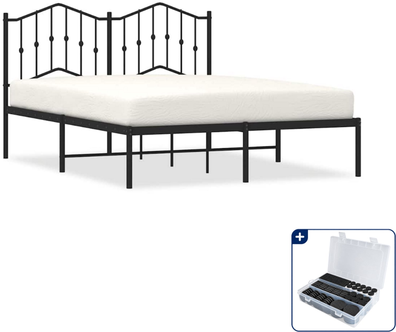 vidaXL bedframe met hoofdbord - 150 x 200 cm - staal - zwart - Inclusief antikrasvilt 177-delig
