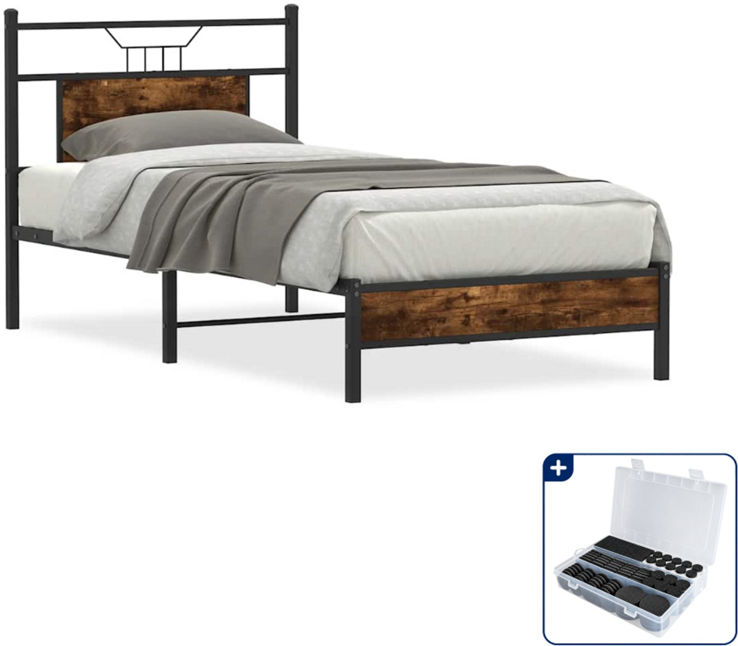vidaXL Bedframe - 90 x 200 cm - bewerkt hout en staal - gerookt eiken - Inclusief antikrasvilt 177-delig Bruin