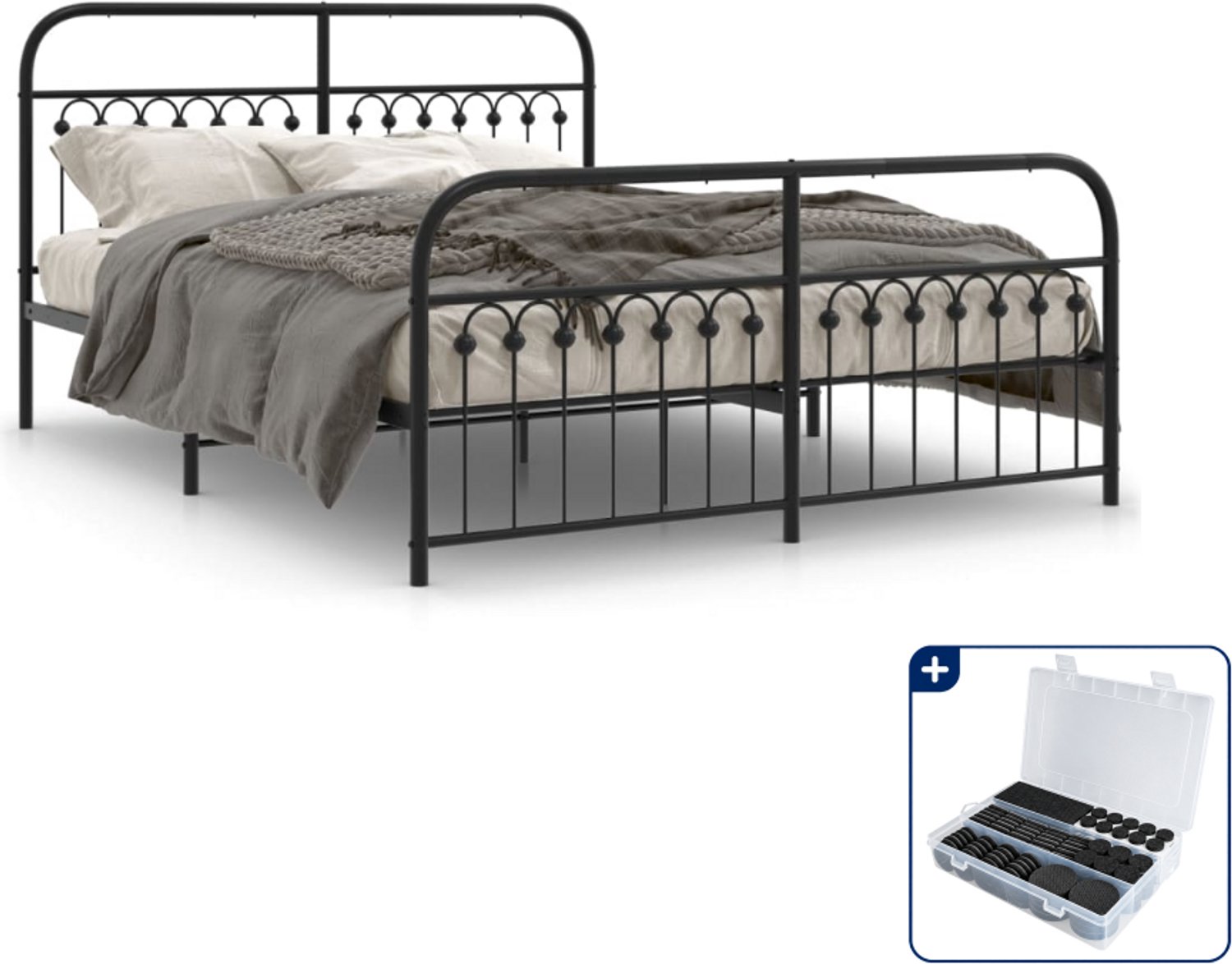 vidaXL bedframe - 150 x 200 cm - staal - zwart - Inclusief antikrasvilt 177-delig