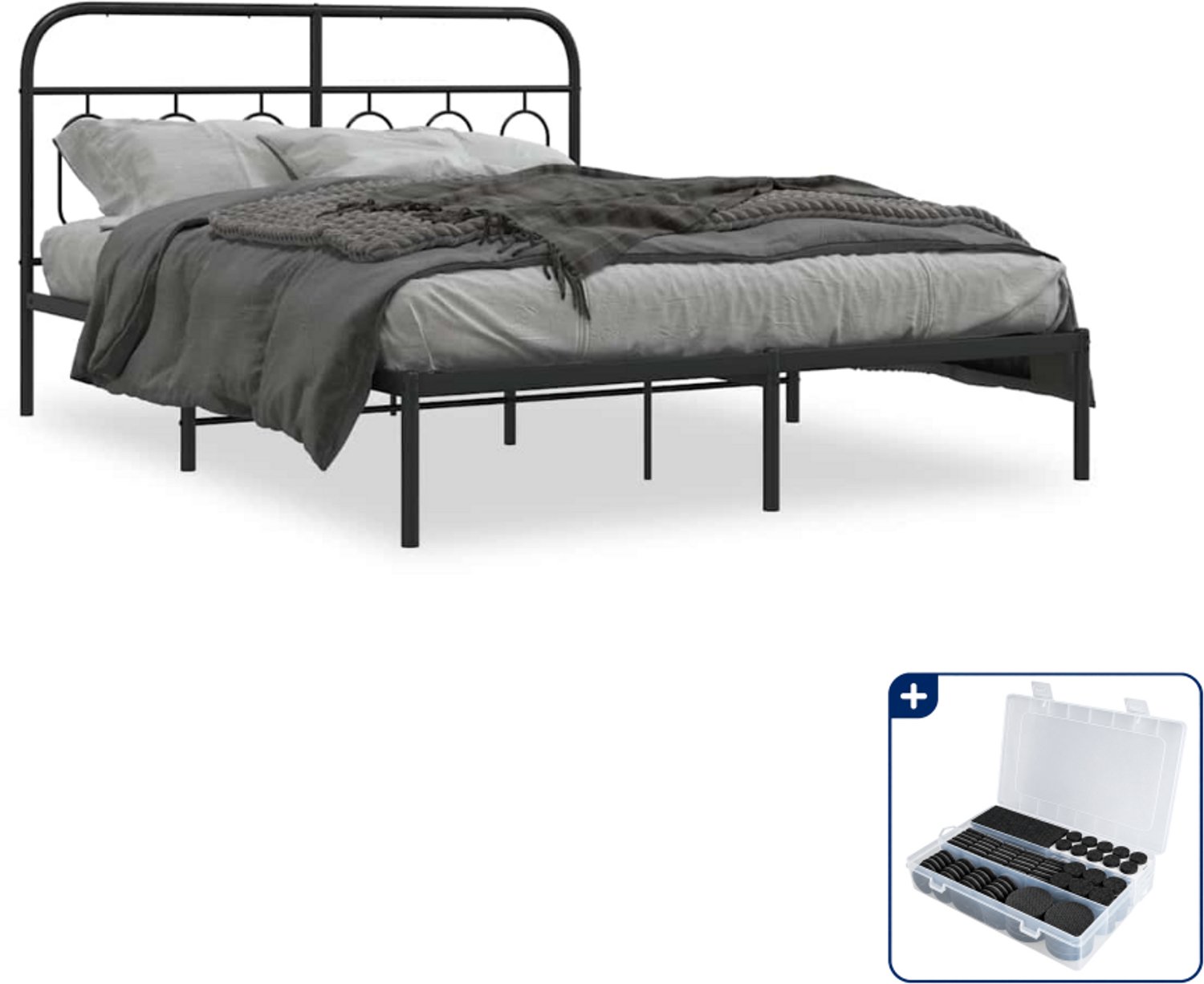vidaXL bedframe met hoofdbord - 150 x 200 cm - staal - zwart - Inclusief antikrasvilt 177-delig