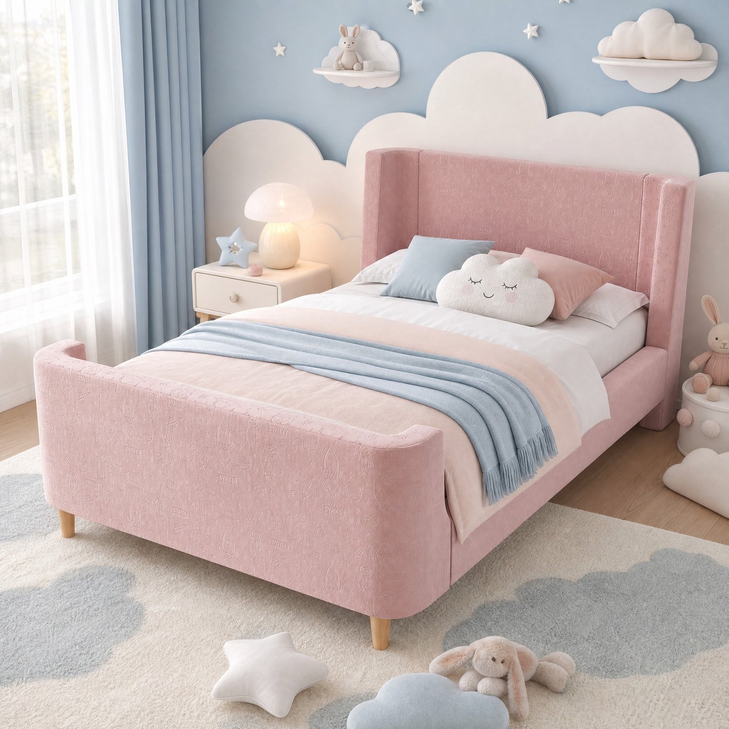 Maisentiel Gestoffeerd kinderbed 90 x 200 cm – roze fluweel met ruimtepatroon