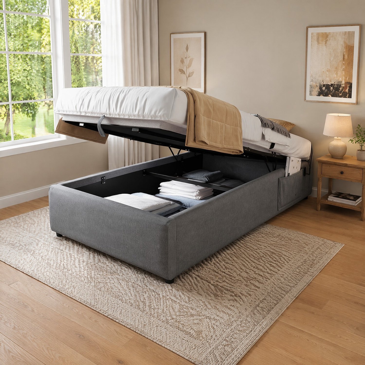 Maisentiel Eenpersoonsbed 90 x 200 cm - grijs gestoffeerd bedframe met opbergruimte en USB-C
