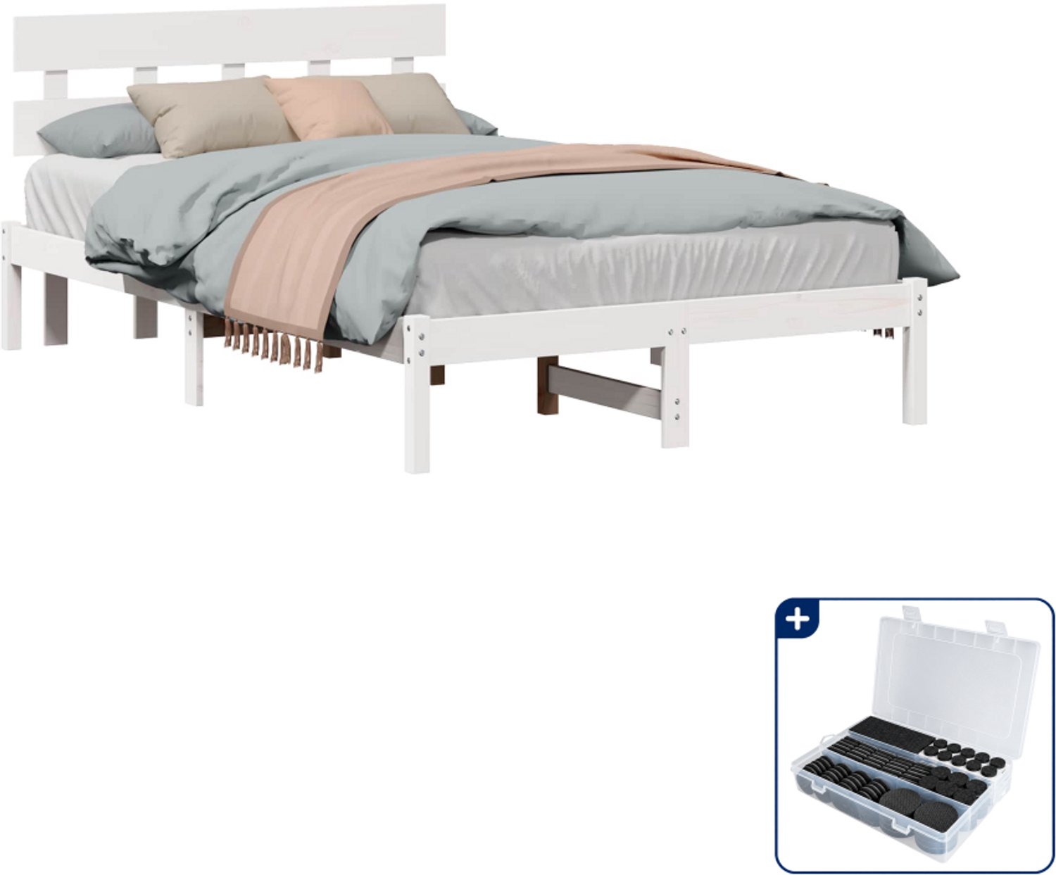 vidaXL Bedframe met hoofdeinde - 135 x 190 cm - massief grenenhout - wit - Inclusief antikrasvilt 177-delig