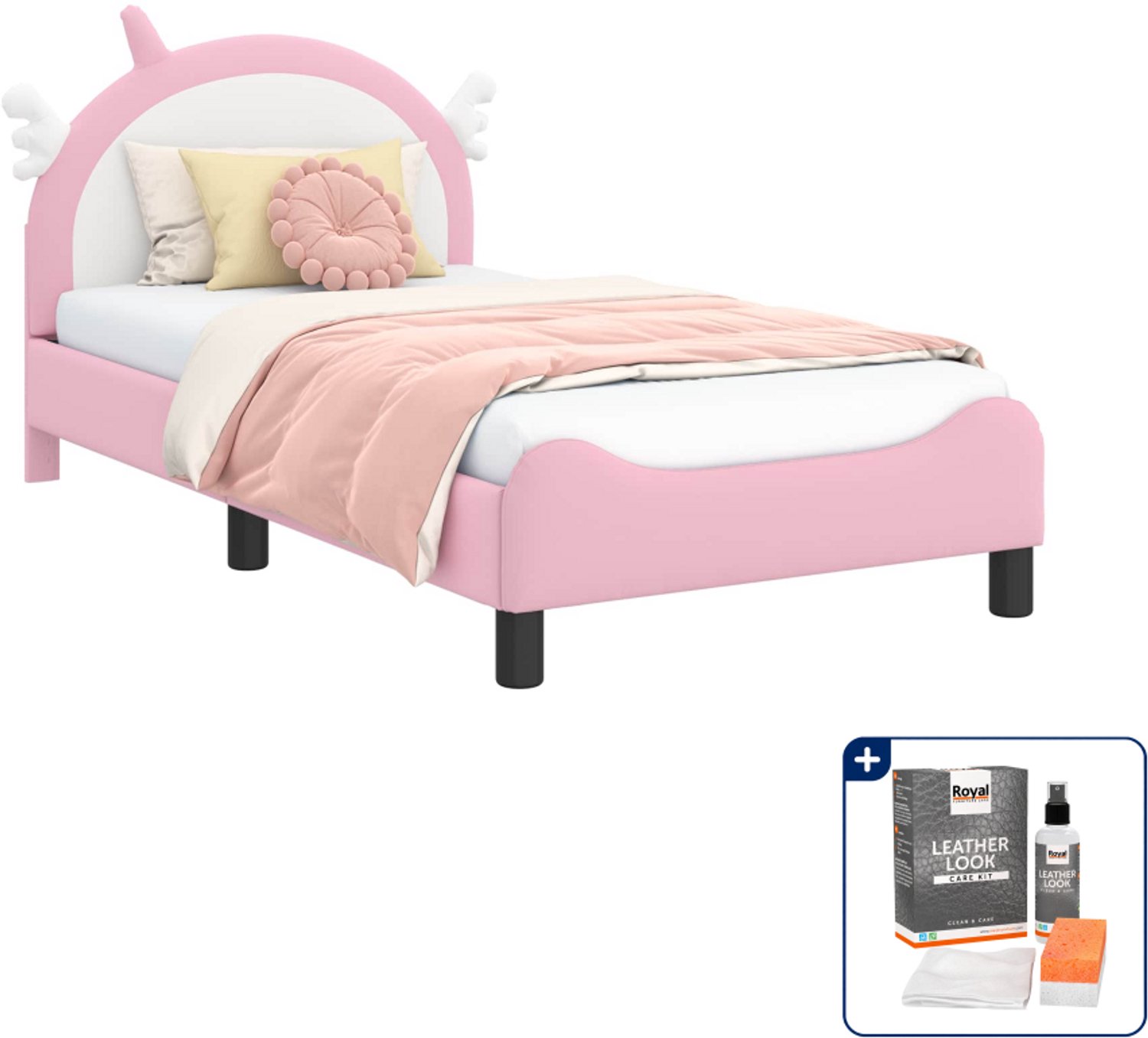 vidaXL kinderbedframe - 80 x 160 cm - bewerkt hout - roze - Inclusief onderhoudsset voor kunstleer 150 ml