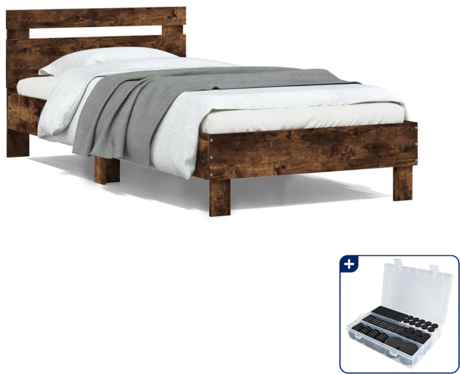 vidaXL bedframe - 100 x 200 cm - bewerkt hout - gerookt eiken - Inclusief antikrasvilt 177-delig Bruin