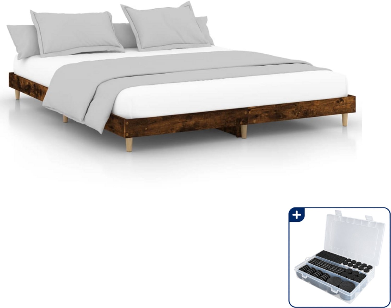 vidaXL bedframe - 200 x 200 cm - bewerkt hout - gerookt eiken - Inclusief antikrasvilt 177-delig Bruin