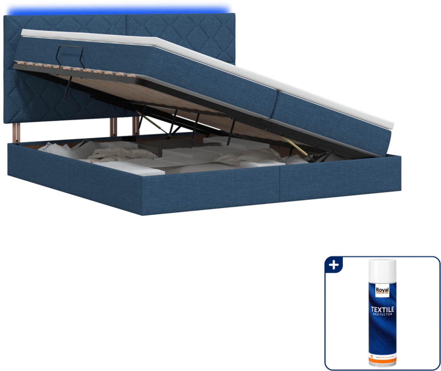 vidaXL led opslagbed met matras - 200 x 200 cm - blauw - Inclusief textielbeschermer 500 ml
