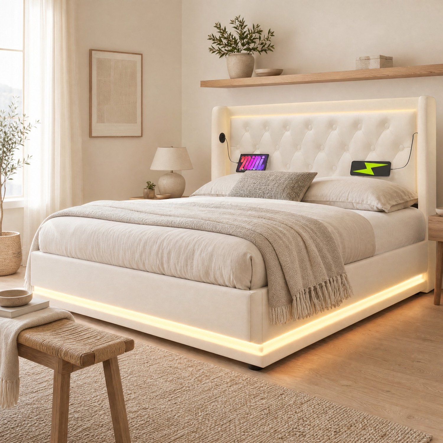 Maisentiel Tweepersoonsbed 160 x 200 cm - wit kunstleer - opbergruimte, USB-C en LED