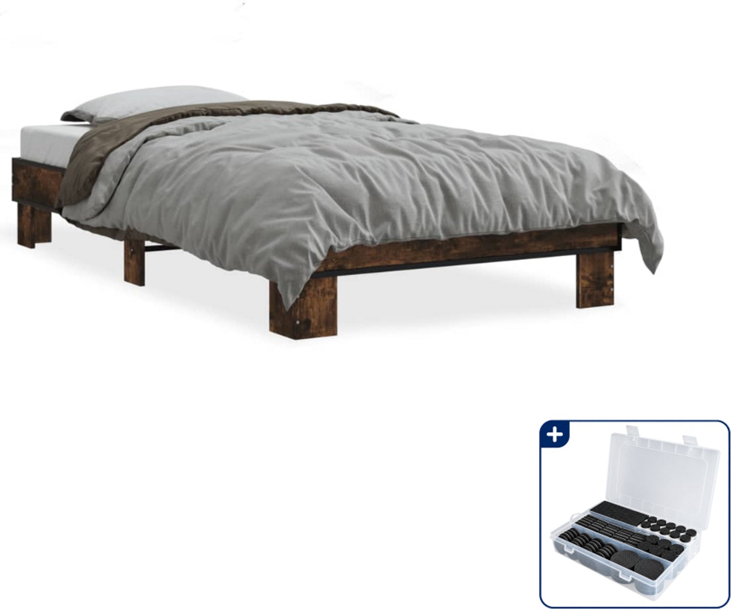 vidaXL bedframe - 100 x 200 cm - bewerkt hout en metaal - gerookt eiken - Inclusief antikrasvilt 177-delig Bruin