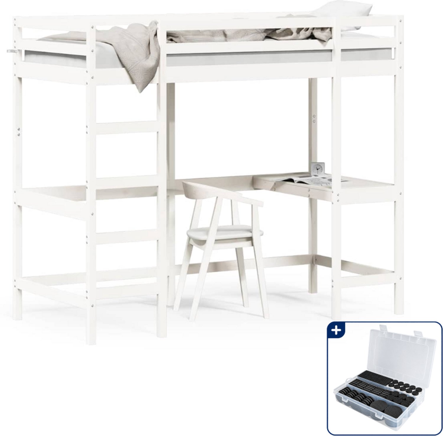 vidaXL hoogslaper met bureau - 90 x 200 cm - massief grenenhout - wit - Inclusief antikrasvilt 177-delig