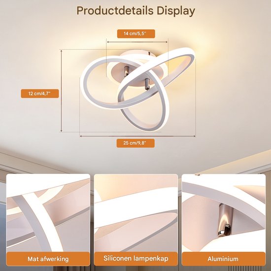 Productdetails met afmetingen in cm en details over de matwitte afwerking, siliconen kap en aluminium frame.