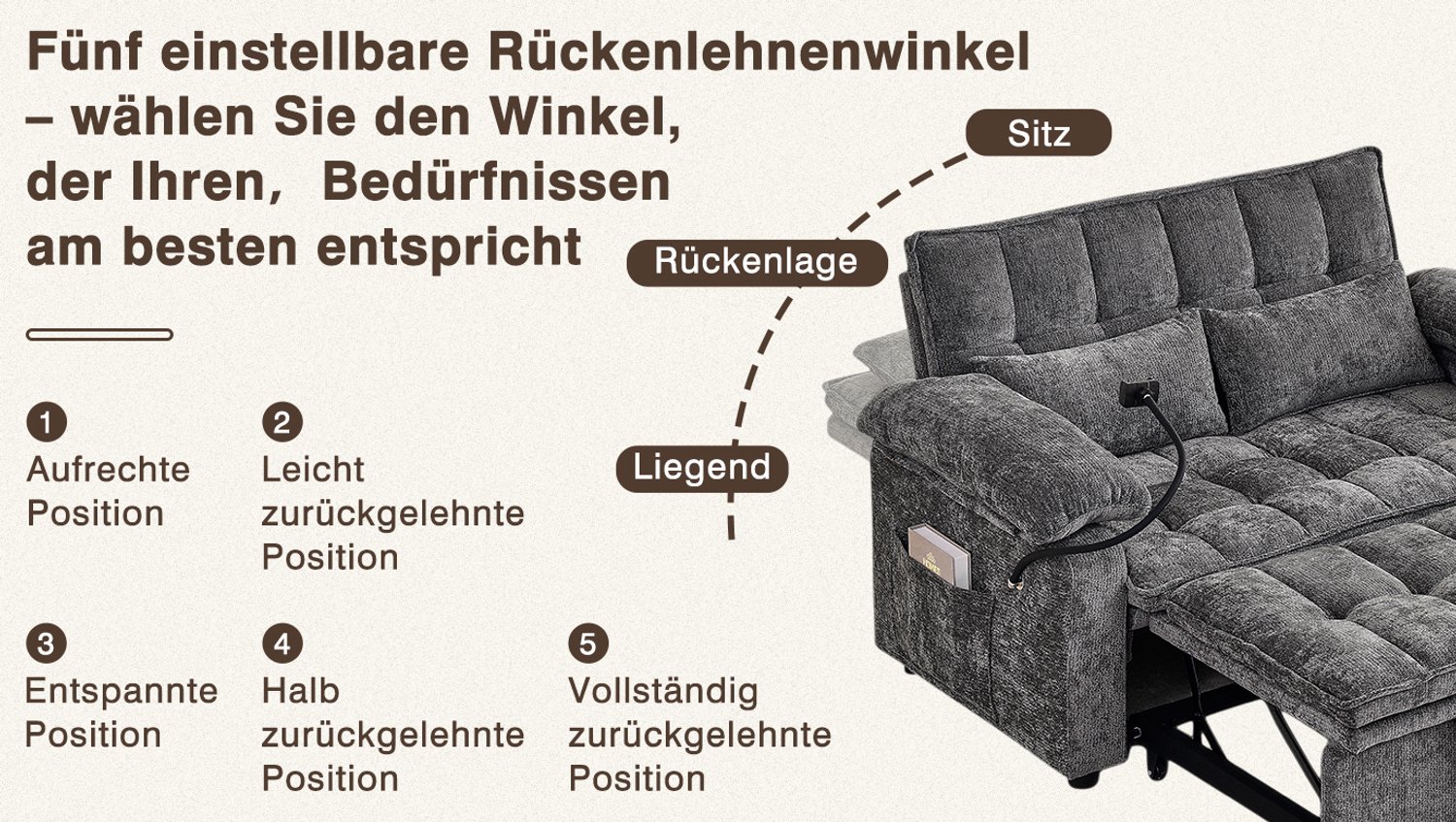 OKWISH Slaapbank - Verstelbare Rugleuning met 5 Standen - Opbergruimte en Telefoonhouder - Voor Woonkamer en Logees - Chenille - Grijs