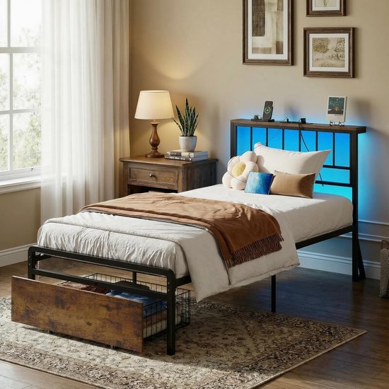 Bed 90x200 met opbergruimte, metalen bed met laden, bedframe 90 x 200 met ledverlichting en laadstation, jeugdbed, eenpersoonsbed met lattenbodem van metaal , HK-OZC-01T