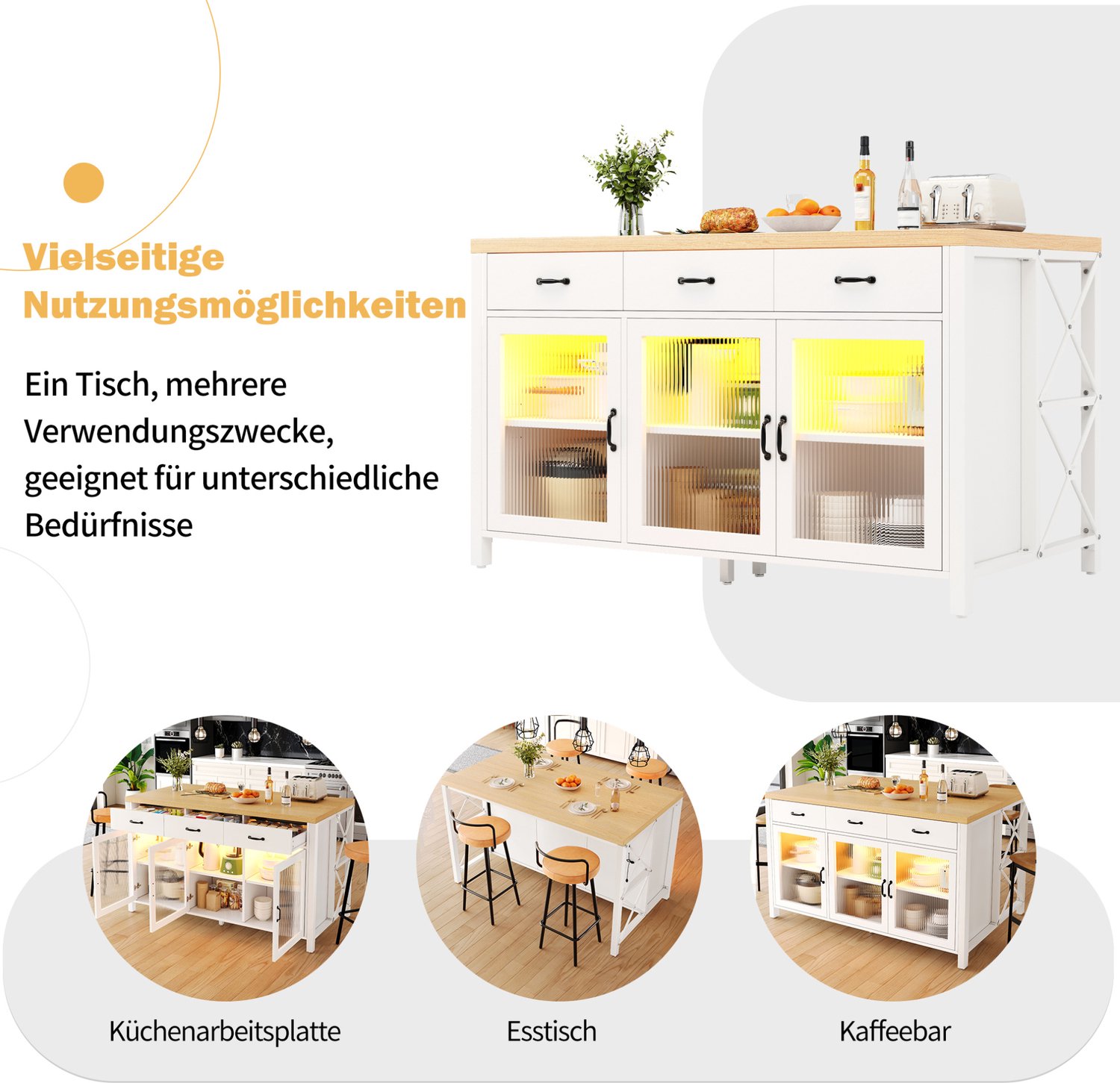 OKWISH Keukeneiland - 3 Laden en 3 Glazen Deuren - Ledverlichting en Verstelbare Poten - Voor Keuken en Eethoek - Wit en Houtkleur - 150 x 80 x 90 cm Wit en naturel