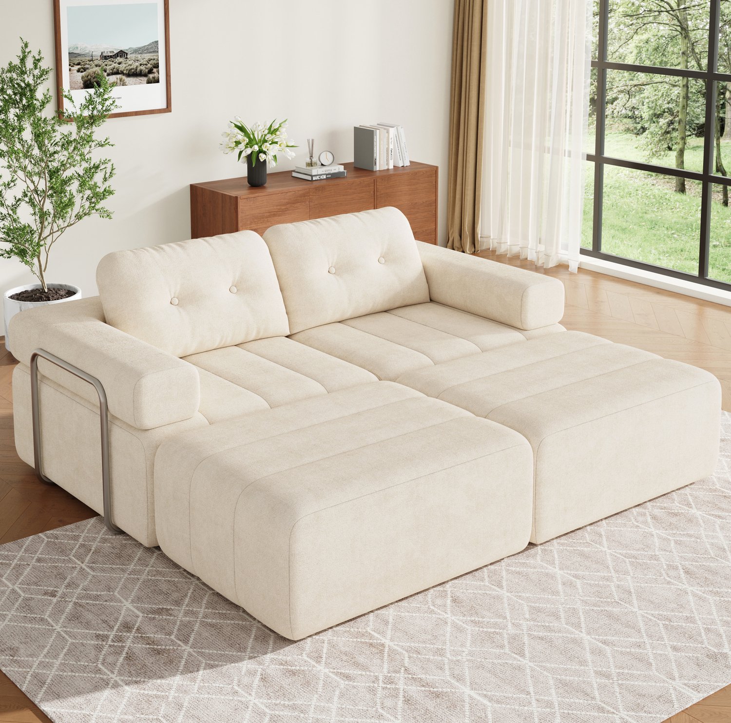 MIVRAY Modulaire Hoekbank 258 x 165 x 79 cm - Slaapfunctie en Verplaatsbare Voetenbank - Voor de Woonkamer - Chenille - Beige