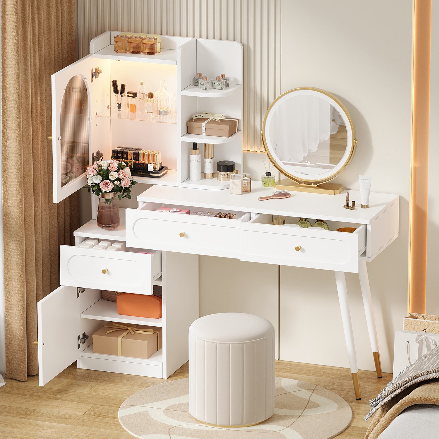 DantefHandels Kaptafel met led-spiegel, 3 lades, 1 kast & glazen vitrinekast – uitschuifbare make-uptafel met plank & veel opbergruimte voors slaapkamer, wit, 121,5x40x135,2cm
