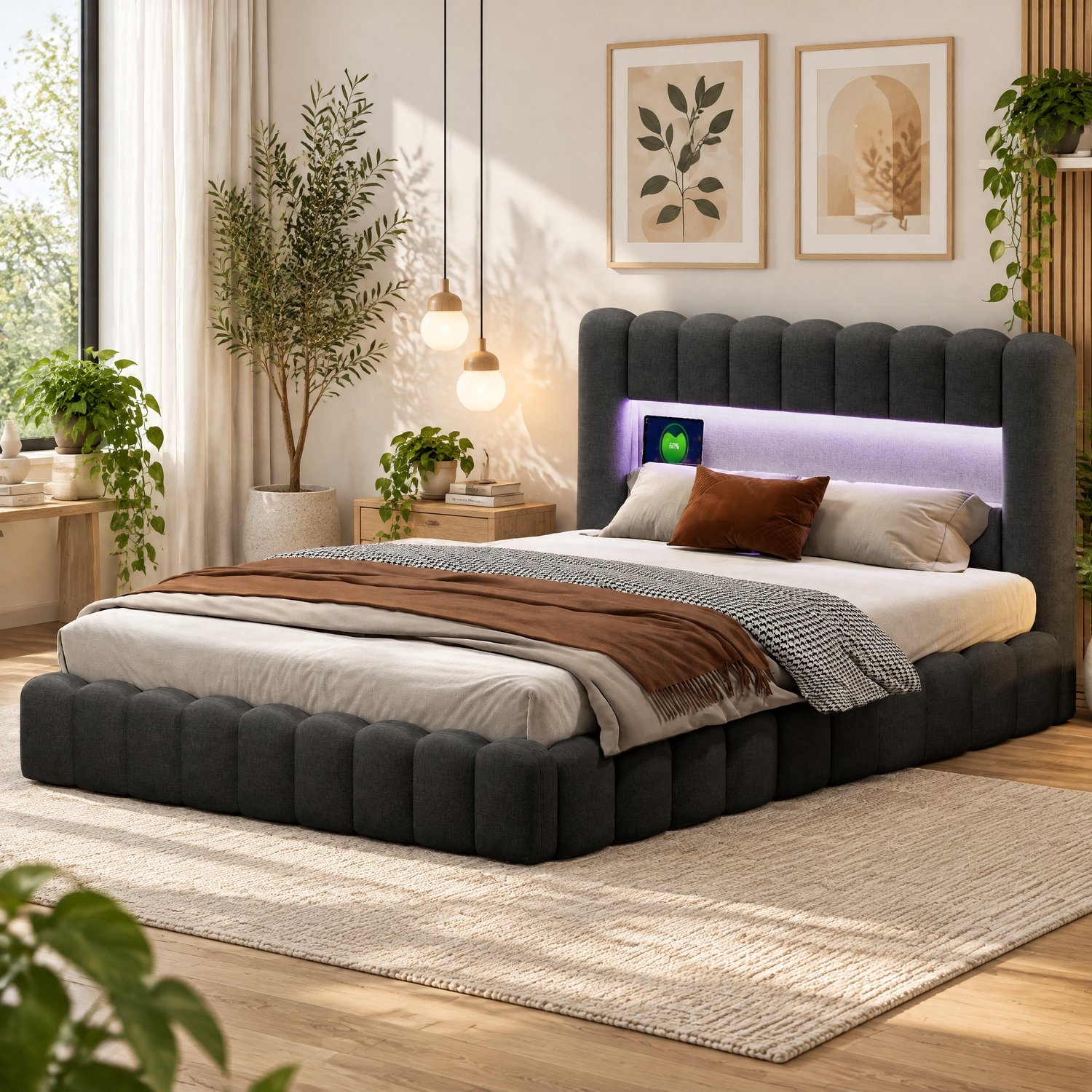 MEXUS Gestoffeerd Bed 160x200 cm met Opbergruimte, USB & LED-Verlichting – Linnen Grijs – Tweepersoonsbed met Lattenbodem – Opbergbed - Zonder Matras