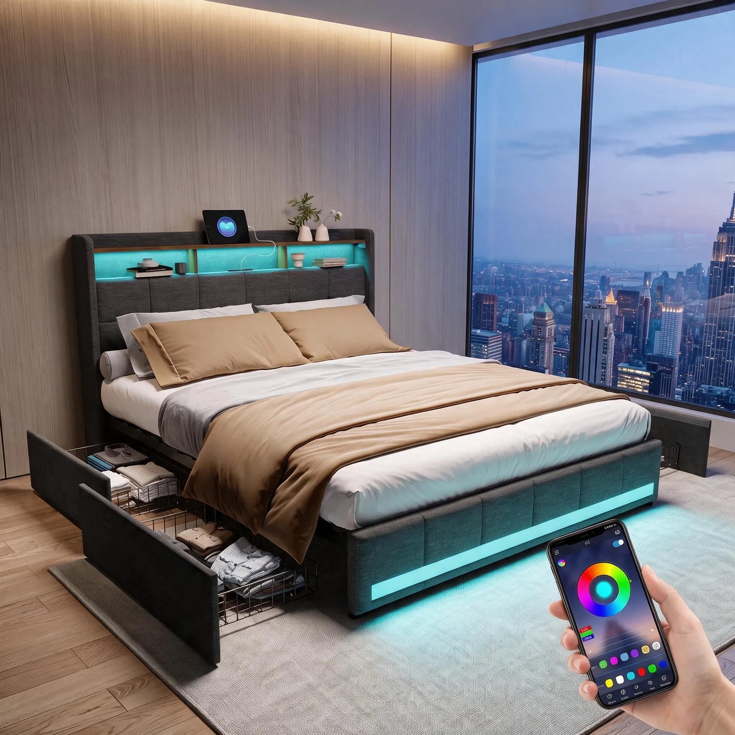 MEXUS Opbergbed 160x200 met LED en USB-C – Gestoffeerd Tweepersoonsbed met 4 Laden en Lattenbodem – Linnen Grijs – Zonder Matras