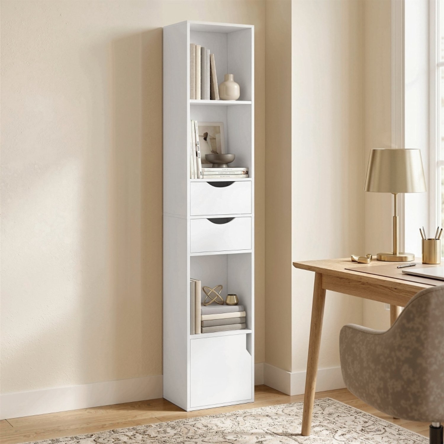 OKWISH Boekenkast Smal 30 x 24 x 158 cm Wit met Twee Lades en Drie Open Vakken Verstelbare Plank Gesloten Opbergruimte en Kantelbeveiliging