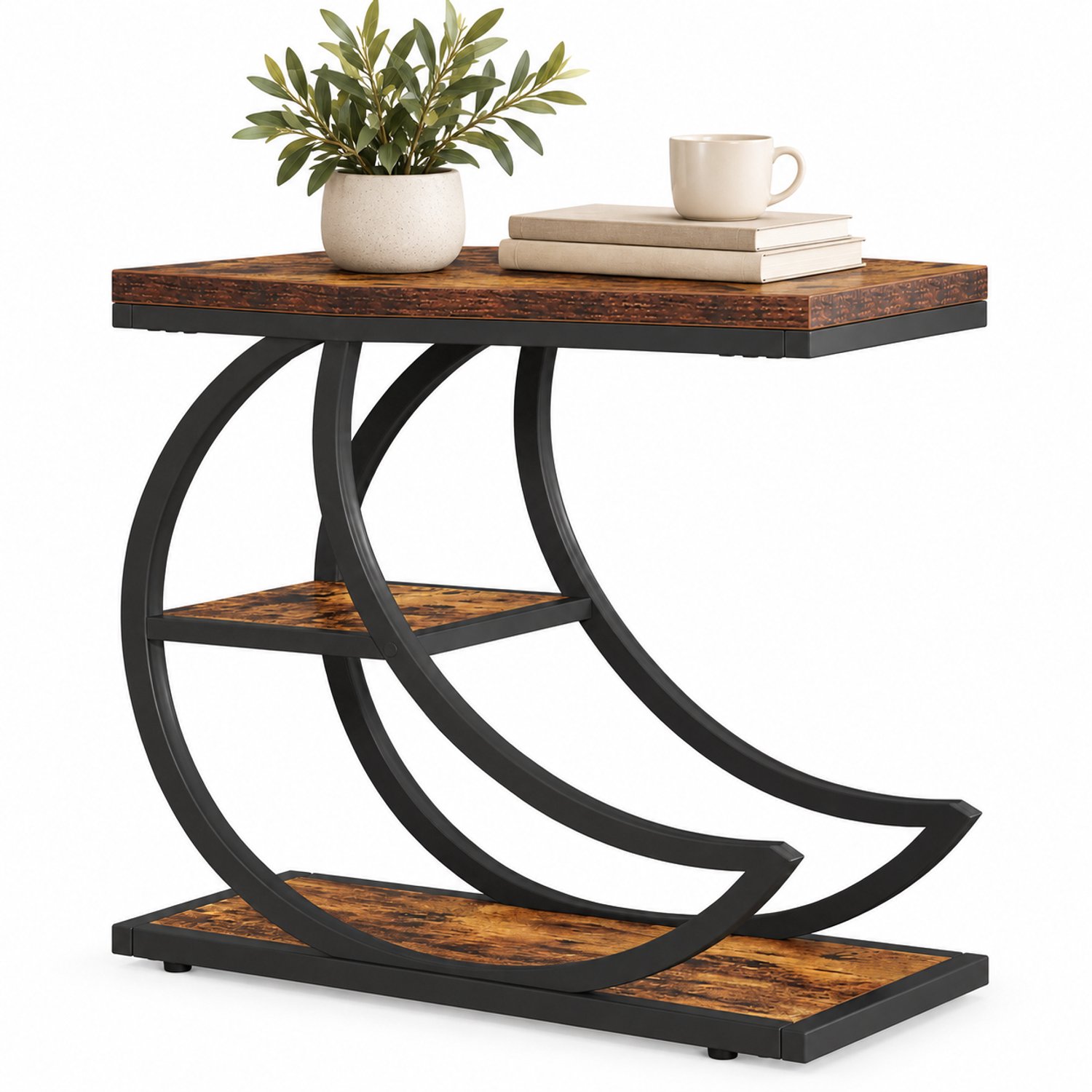 DMG Supply Bijzettafel - 3 Lagen - Gebogen Frame - 60 x 30 x 66 cm - Bruin en Zwart - Spaanplaat en Metaal