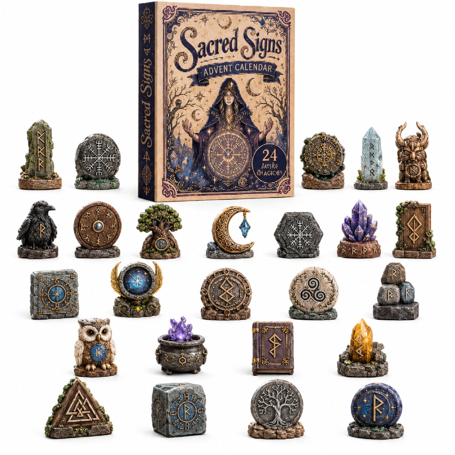 Adventskalender met 24 symbolische decoraties - Runen, maan- en boommotieven - In kartonnen doos