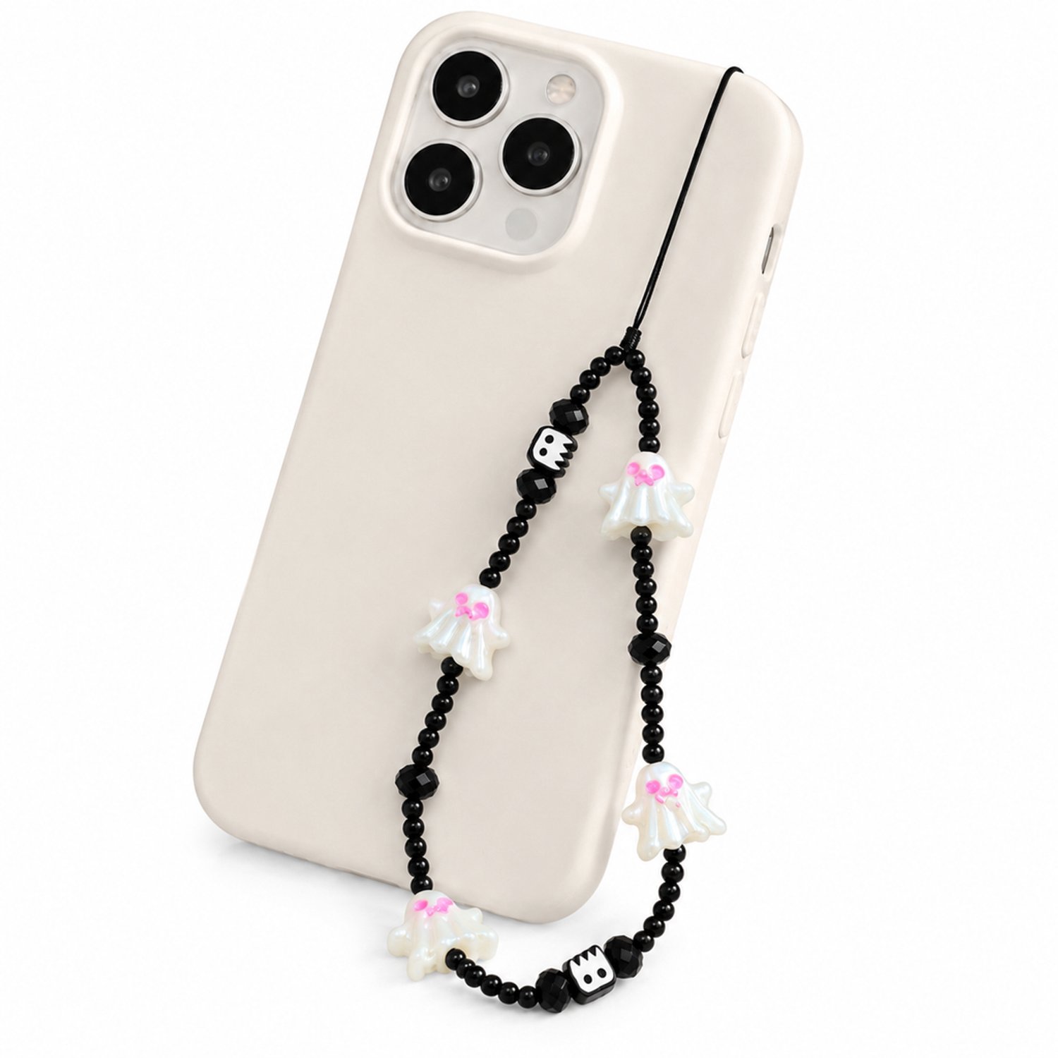 Telefoonkoord met iriserende spookkralen - handgeregen polskoord tot 20 cm voor telefoonhoesjes met een koordoogje