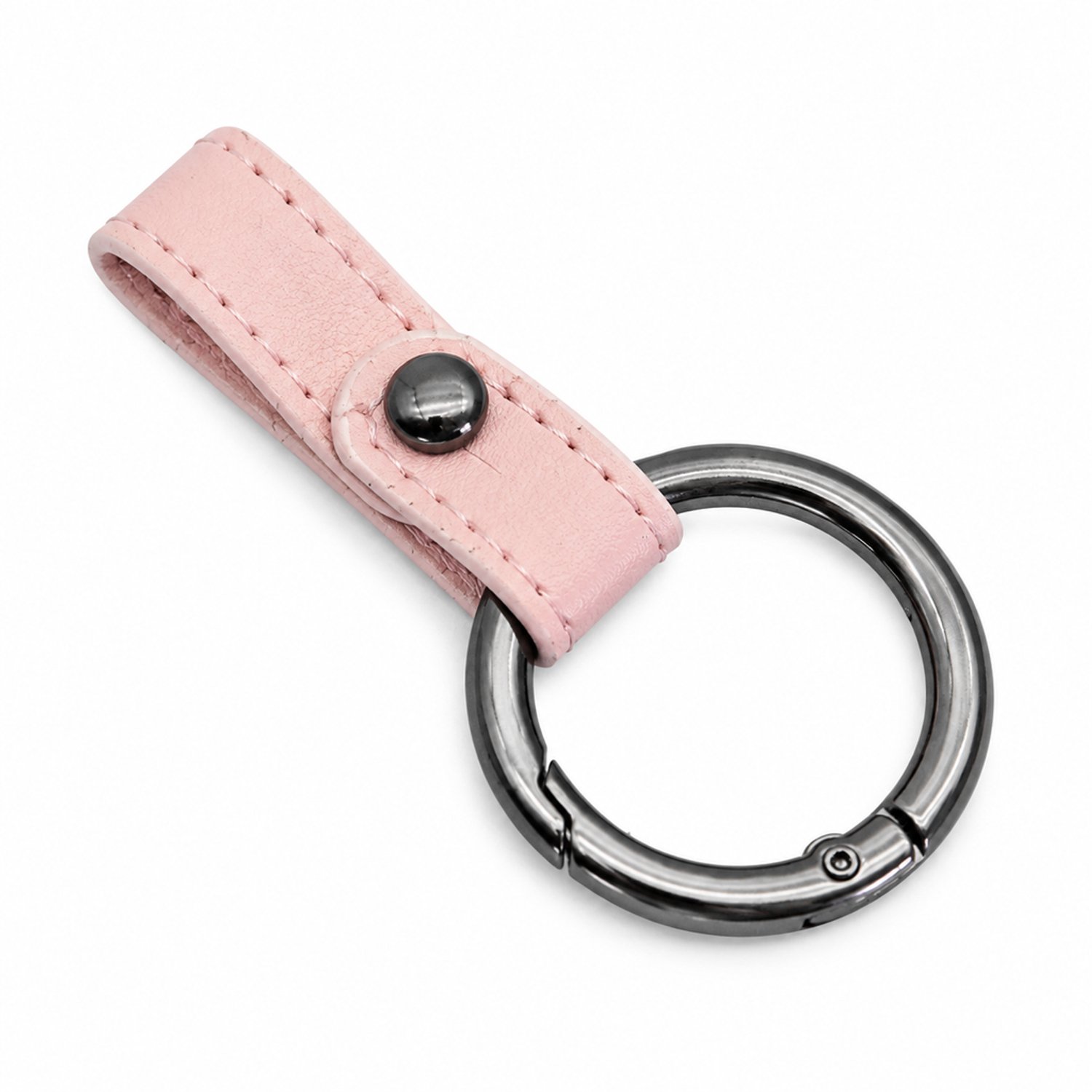 sleutelhanger van roze PU met ronde sleutelring, gestikte lus en glanzende gunmetal afwerking