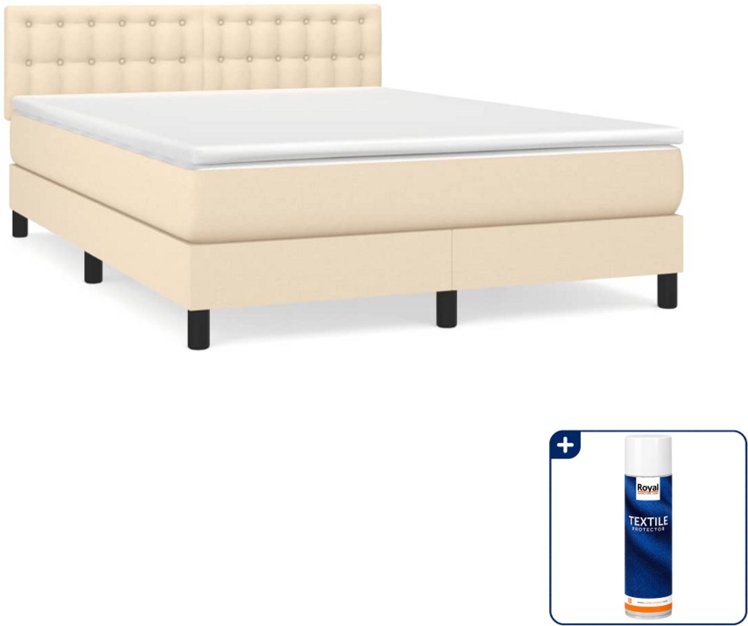 vidaXL boxspring met matras 140 x 190 cm - stof - crèmekleurig - Inclusief textielbeschermer 500 ml