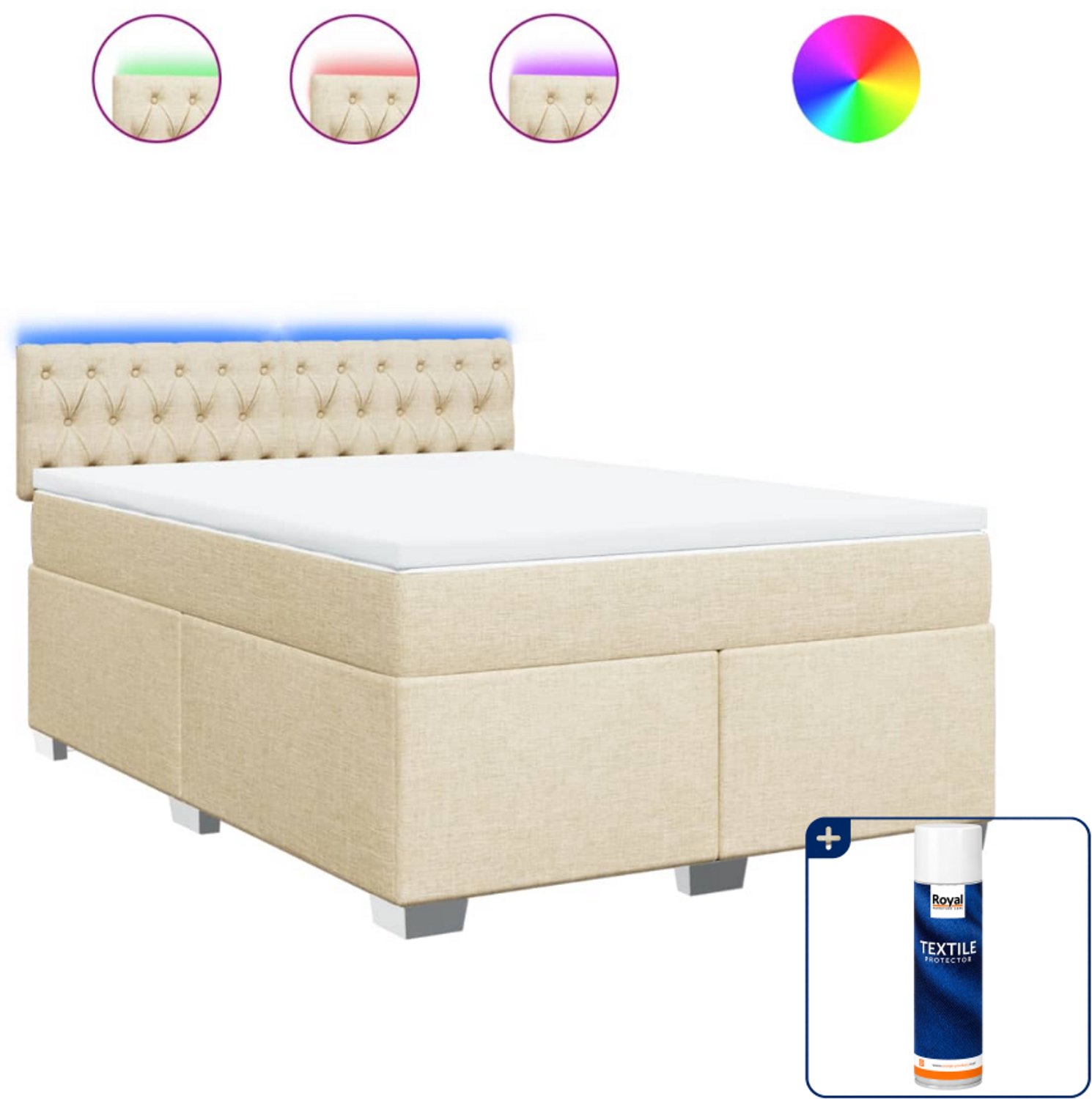vidaXL boxspring met matras 140 x 190 cm - stof - crèmekleurig - Inclusief textielbeschermer 500 ml
